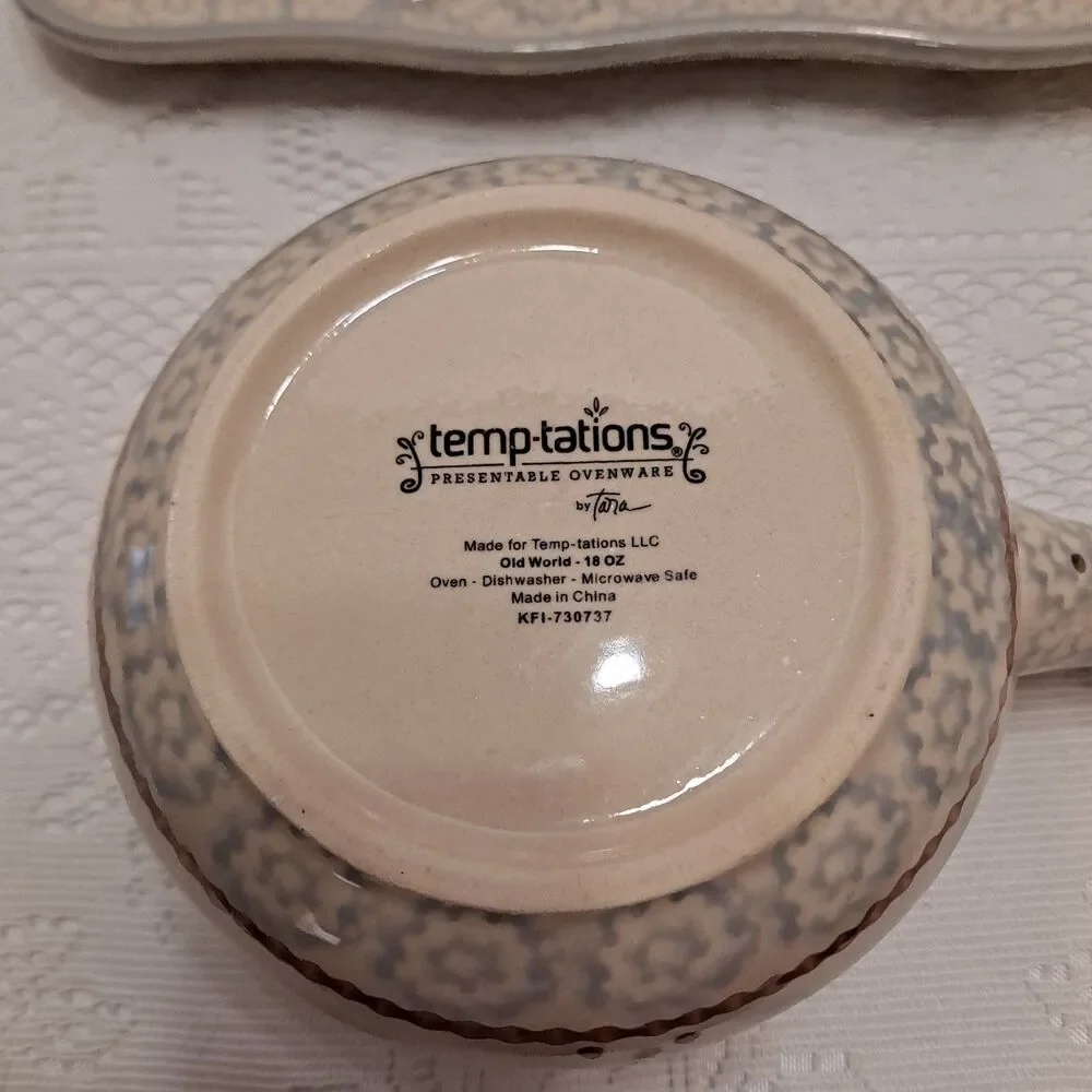 Temp-Tations by Tara 18 oz. Soup Bowl w/ Handle and Bread Tray Beige Lt. Blue